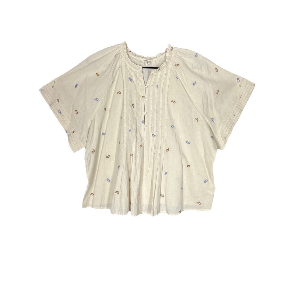 Ana Blouse Top Womens 1X Cream Embroidered Paisley Ruffled Pintuck Peasant Boho